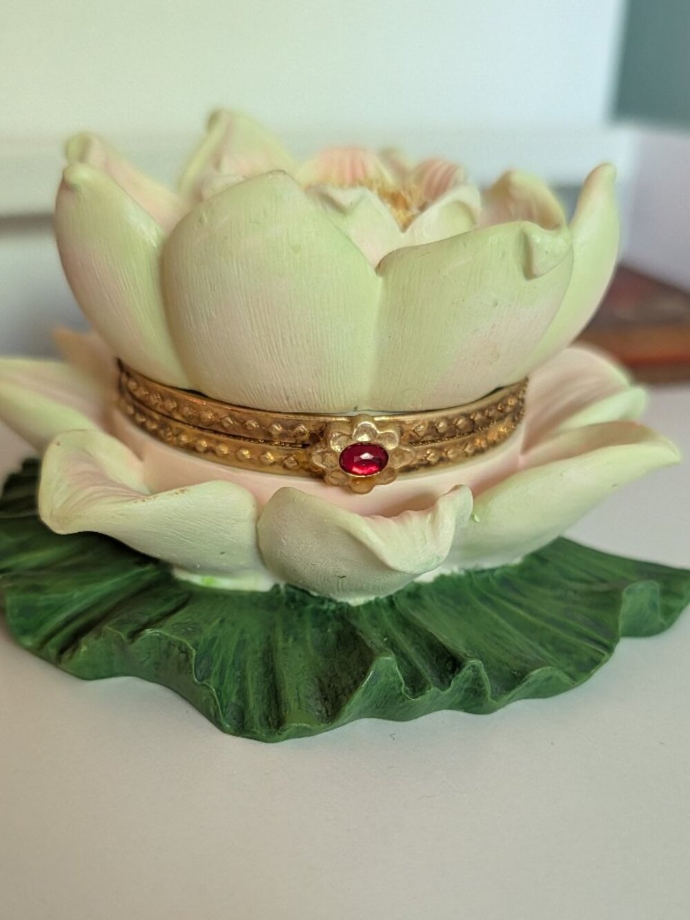 Vintage Lotus Flower Hinged Trinket Box - Jeweled Hand-Painted Porcelain Style